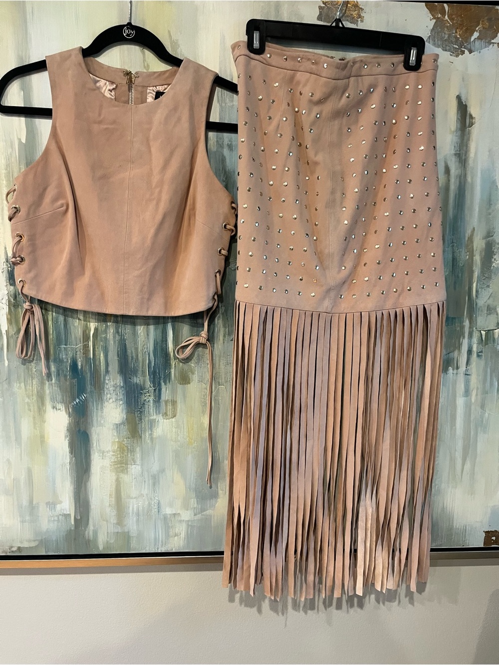 Marciano Blush Faux Suede Studded Fringe Skirt & Lace-Up Crop Top Set M